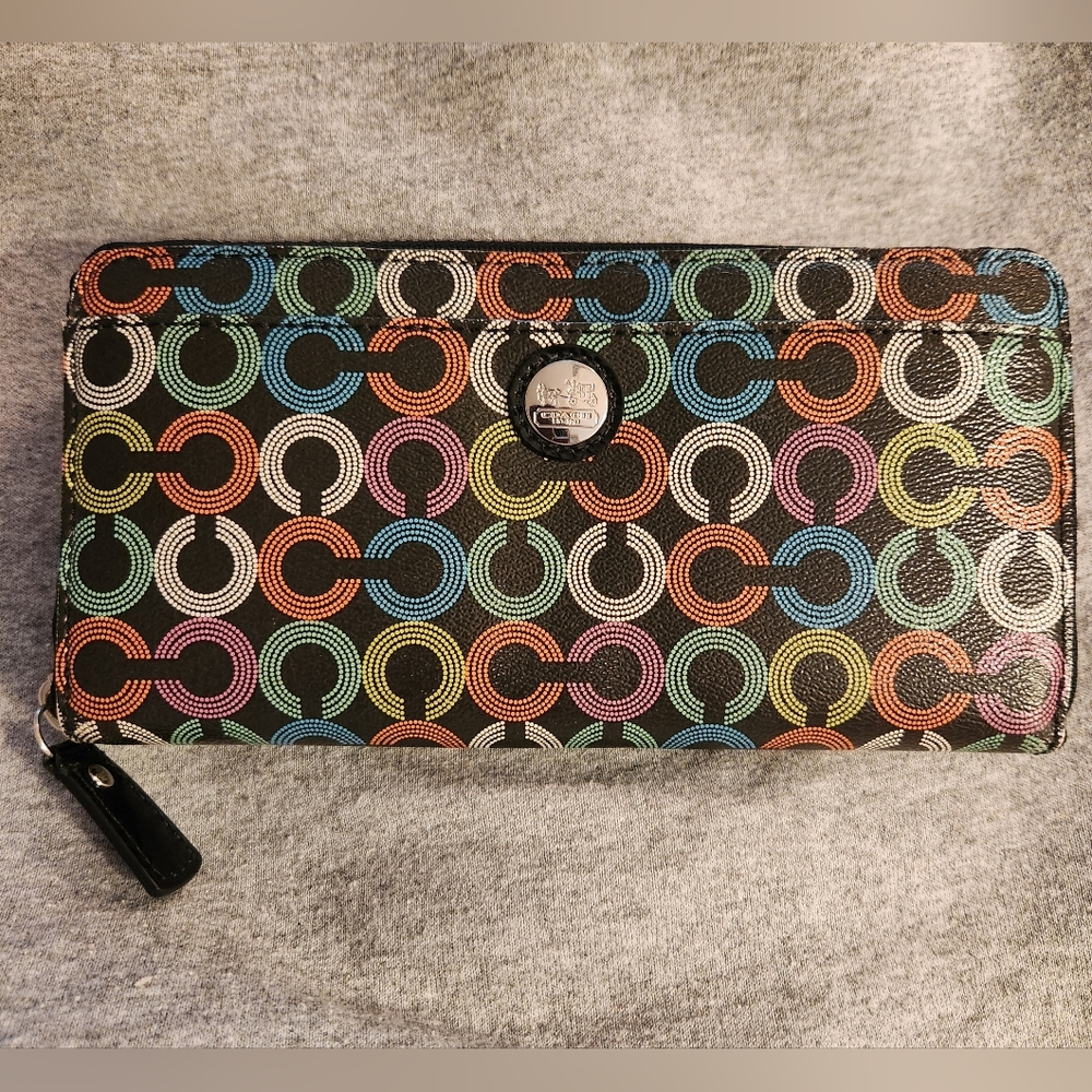 Coach Waverly Black Continental Zip Wallet with Multicolor Signature Rings
